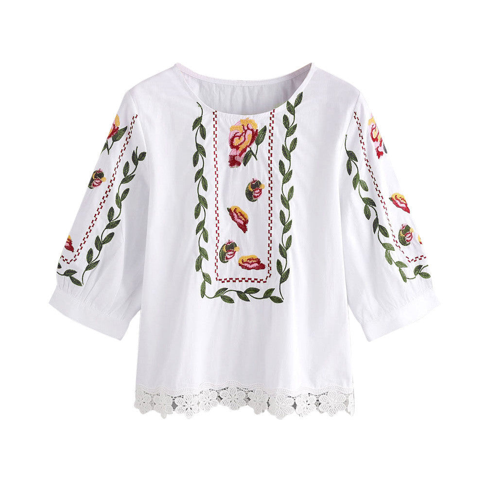 Women Lace Floral Flower Printed Blouse Casual Tops Loose T-Shirt - Aborto Crafts