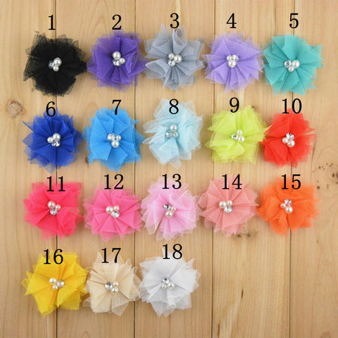 100pcs/lot 18 Color 2" Mini Tulle Mesh Chiffon Flowers Rhinestone Pearl In Center DIY Craft Boutique Hair Accessories F27 - Aborto Crafts